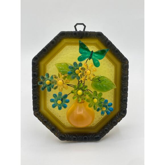 Vintage 1960s Lucite Wall Art Flowers & Butterfly Retro Yellow Frame - Picture 1 of 6